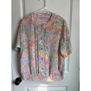 Vtg‎ 80s Alfred Dunner Womens Top XL Pink Floral Short Sleeve Pleat Front